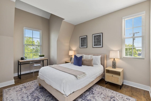 bedroom with multiple windows and dark hardwood / wood-style floors