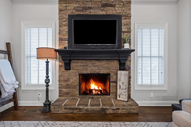 interior space featuring hardwood / wood-style floors and a stone fireplace