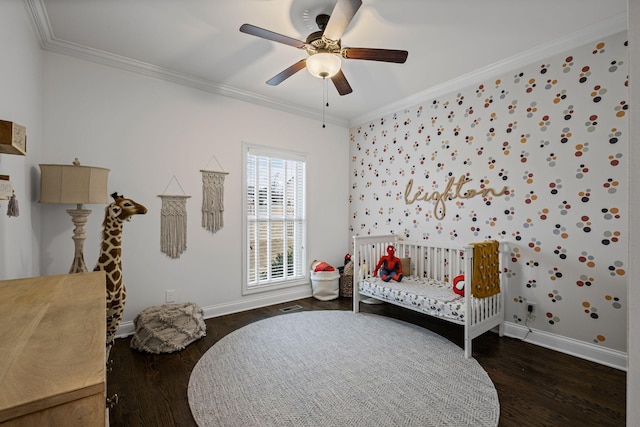 bedroom with dark wood-type flooring, ornamental molding, and ceiling fan