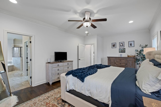 bedroom with ornamental molding, dark hardwood / wood-style floors, and ceiling fan