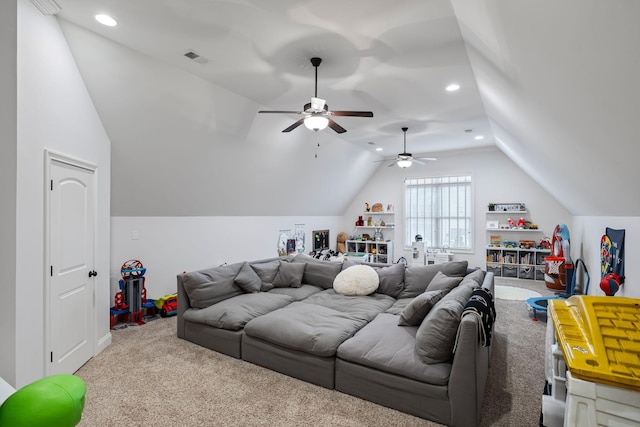 living room featuring vaulted ceiling and light carpet