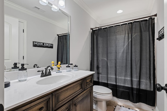 full bathroom featuring vanity, crown molding, toilet, and shower / bath combo with shower curtain