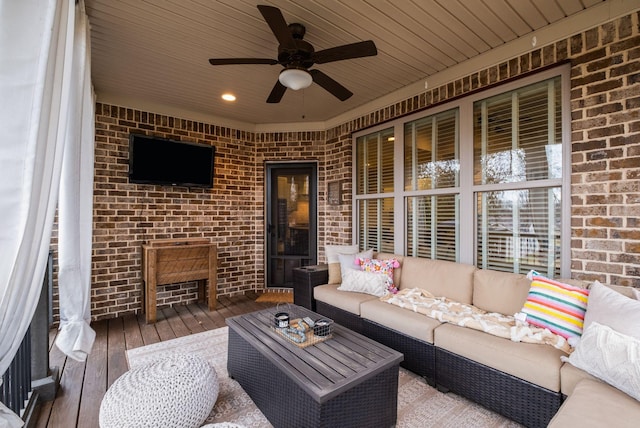 exterior space with an outdoor hangout area, a deck, and ceiling fan