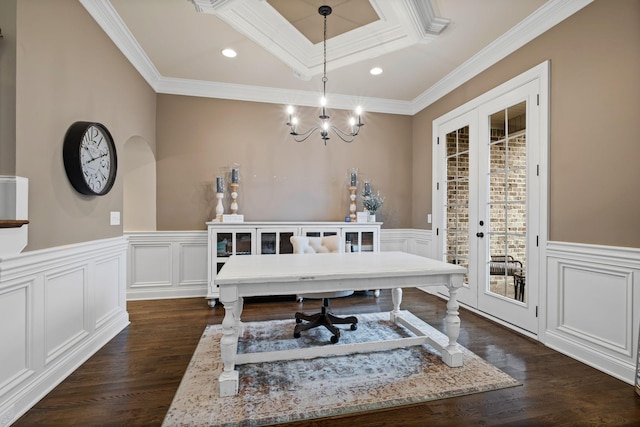 office area with ornamental molding, dark hardwood / wood-style floors, a chandelier, and french doors