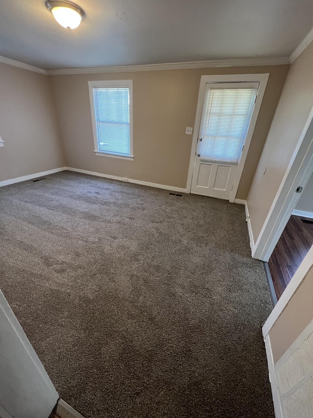 foyer featuring ornamental molding and carpet flooring