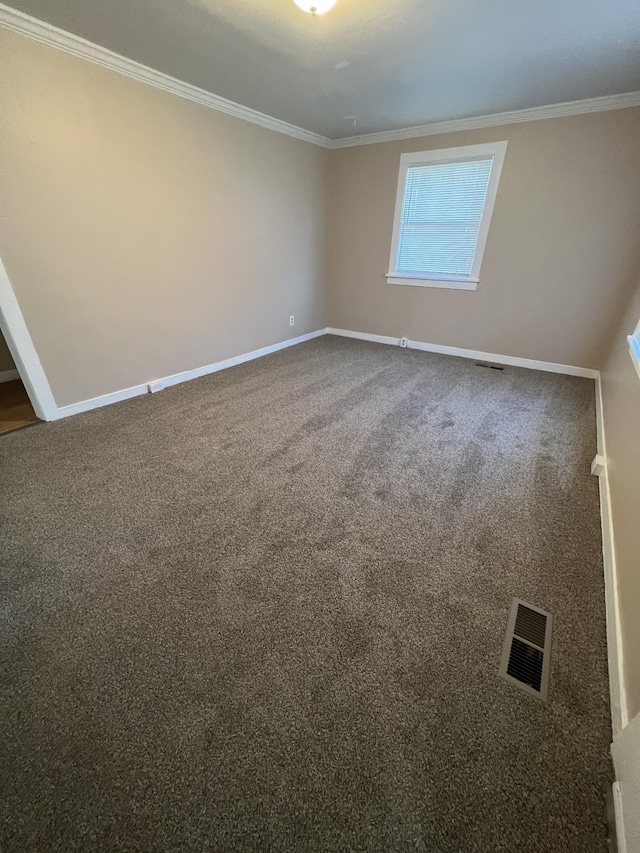 spare room featuring ornamental molding and carpet flooring