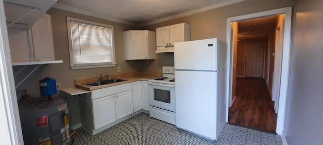 kitchen featuring water heater, sink, white cabinets, and white appliances