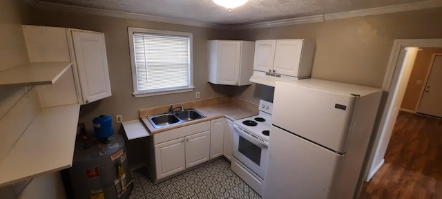 kitchen featuring white cabinetry, sink, ornamental molding, white appliances, and a textured ceiling