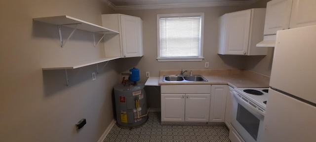 kitchen featuring sink, white appliances, crown molding, water heater, and white cabinetry