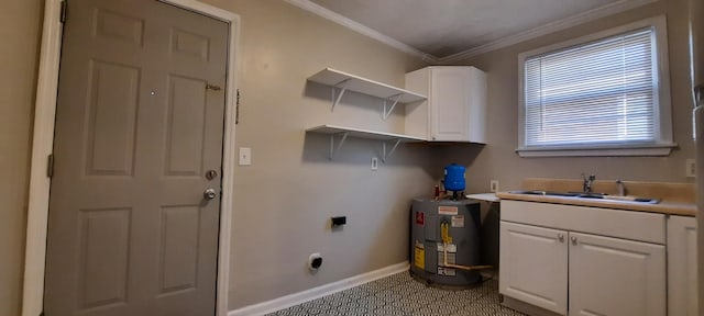 laundry room with electric water heater, sink, hookup for an electric dryer, and crown molding