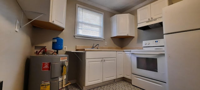 kitchen with sink, crown molding, white appliances, electric water heater, and white cabinets