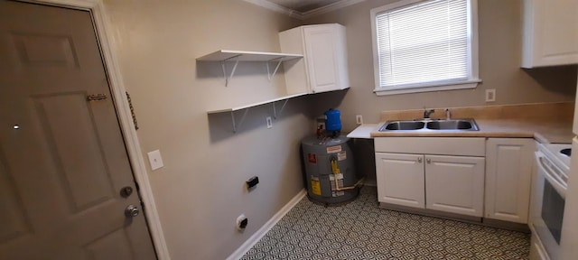 laundry room with water heater, sink, and cabinets