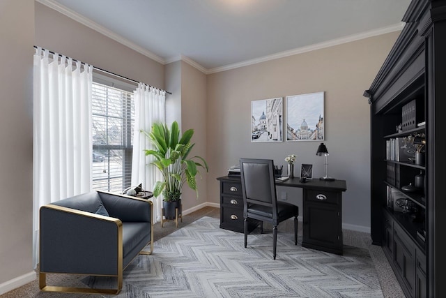 home office with ornamental molding and carpet floors