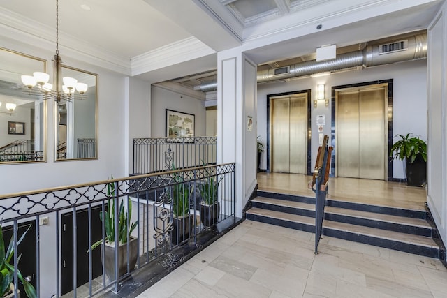 hallway with crown molding, a notable chandelier, visible vents, and elevator