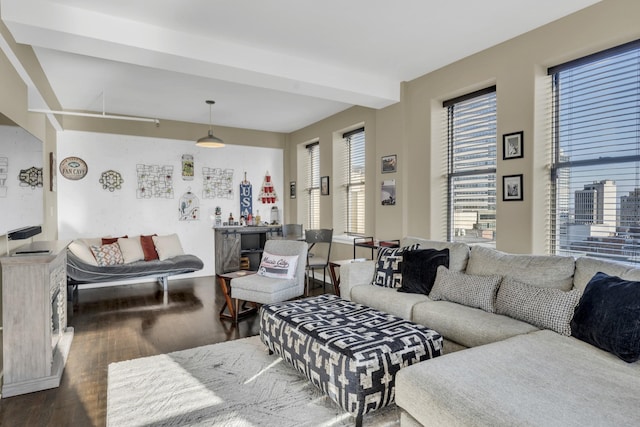 living area featuring a bar, dark wood-type flooring, and a wealth of natural light