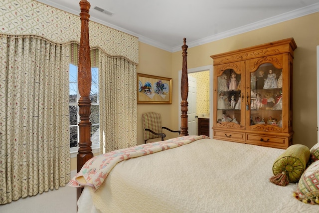 carpeted bedroom with ornamental molding