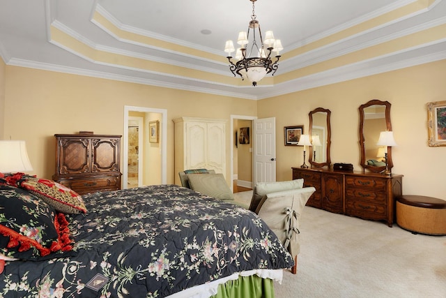 bedroom featuring light colored carpet, ornamental molding, a raised ceiling, and a notable chandelier