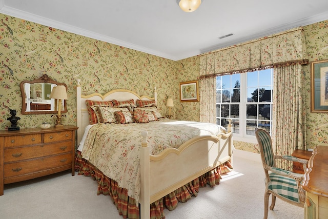 bedroom with crown molding and light colored carpet