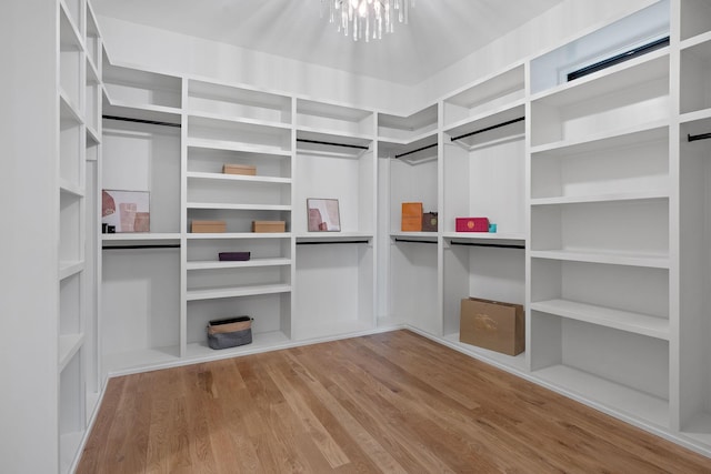 walk in closet with hardwood / wood-style flooring and a chandelier