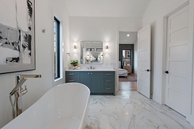 bathroom with a washtub, vanity, and a wealth of natural light