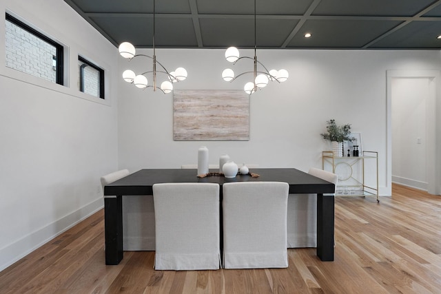 dining space featuring coffered ceiling, hardwood / wood-style floors, and a chandelier