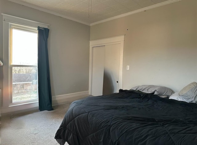 bedroom featuring crown molding, carpet flooring, and a closet