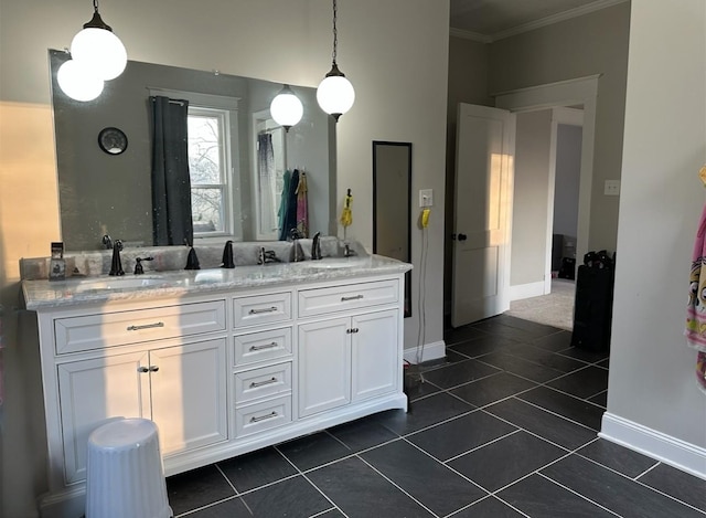 bathroom with vanity, tile patterned flooring, and ornamental molding