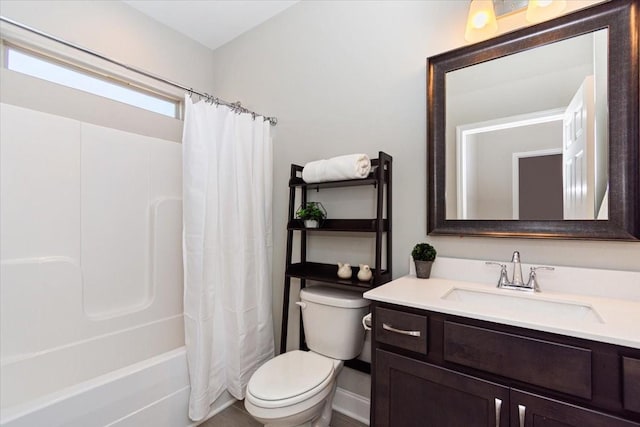 full bathroom featuring vanity, shower / tub combo with curtain, and toilet