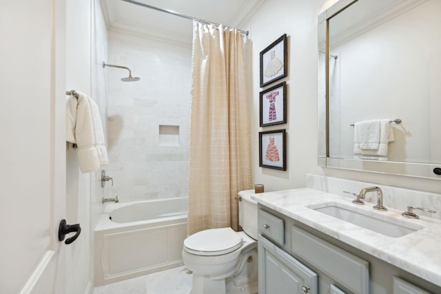 full bathroom featuring crown molding, vanity, toilet, and shower / bath combo with shower curtain