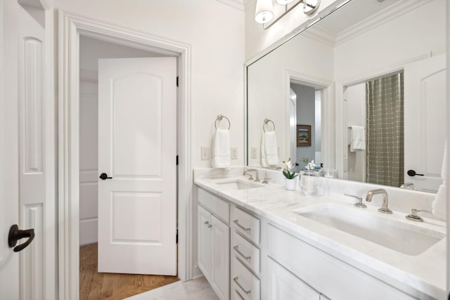 bathroom featuring crown molding, vanity, and hardwood / wood-style floors