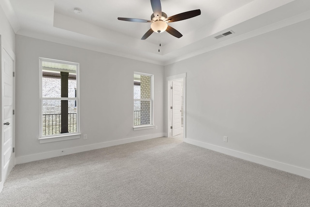 carpeted empty room featuring plenty of natural light, a raised ceiling, and ceiling fan