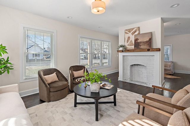 living room with wood-type flooring and a fireplace