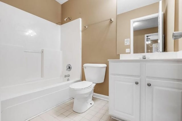 full bathroom with tile patterned floors, toilet, shower / bathtub combination, vanity, and ceiling fan