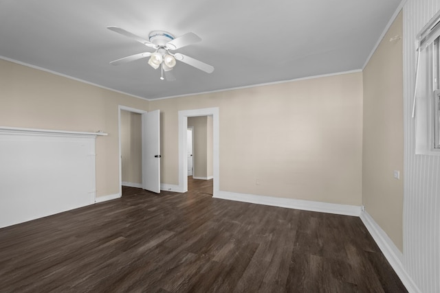 empty room featuring ornamental molding, ceiling fan, and dark hardwood / wood-style flooring