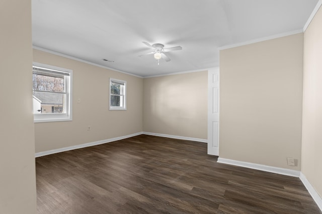 unfurnished room with ceiling fan, ornamental molding, and dark hardwood / wood-style floors