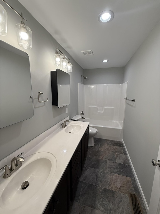 full bathroom with  shower combination, toilet, and vanity