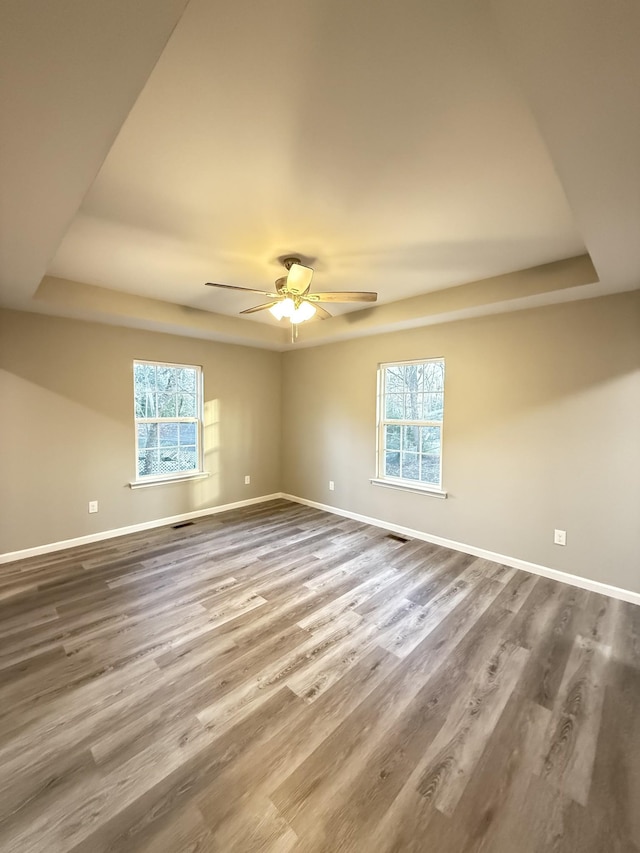 empty room with hardwood / wood-style flooring, a healthy amount of sunlight, and a tray ceiling