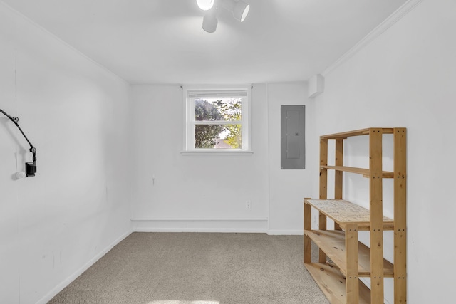 carpeted spare room featuring ornamental molding and electric panel