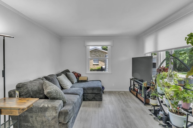 living room with crown molding and light wood-type flooring