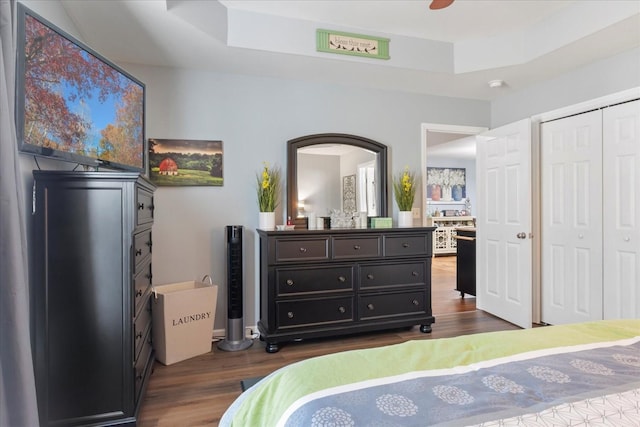 bedroom with a closet, dark hardwood / wood-style flooring, and a tray ceiling