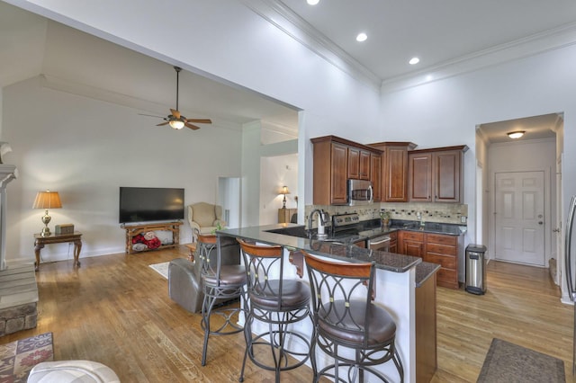 kitchen with ornamental molding, a kitchen breakfast bar, kitchen peninsula, a towering ceiling, and stainless steel appliances