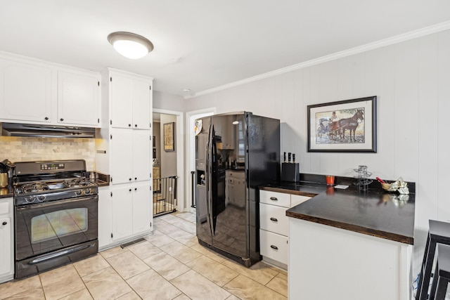 kitchen with light tile patterned flooring, white cabinetry, black appliances, ornamental molding, and backsplash