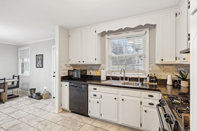 kitchen with sink, gas stove, black dishwasher, a healthy amount of sunlight, and white cabinets