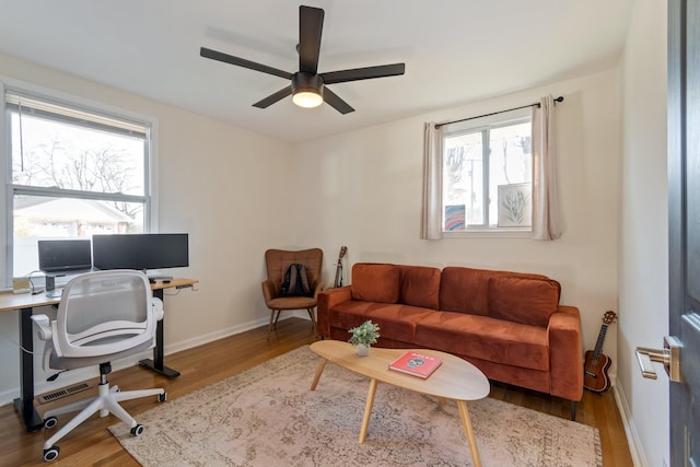 office space with ceiling fan and hardwood / wood-style floors