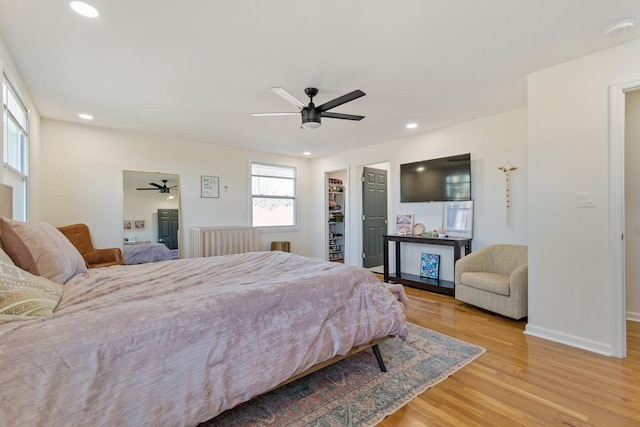 bedroom featuring ceiling fan, a walk in closet, light wood-type flooring, and a closet