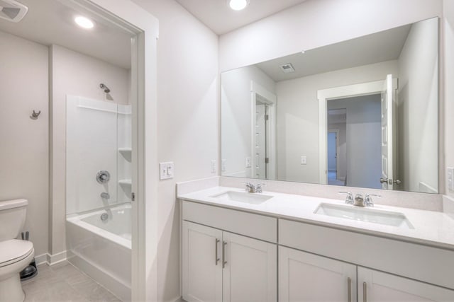 full bathroom featuring vanity, toilet, and tub / shower combination