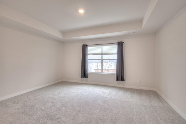 empty room featuring a tray ceiling and carpet floors