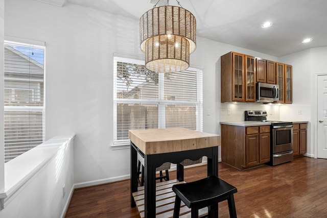 kitchen with tasteful backsplash, a notable chandelier, stainless steel appliances, and dark hardwood / wood-style floors