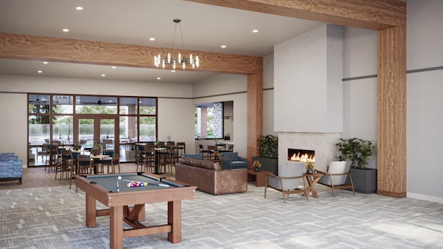 rec room featuring pool table, beam ceiling, carpet floors, and a towering ceiling