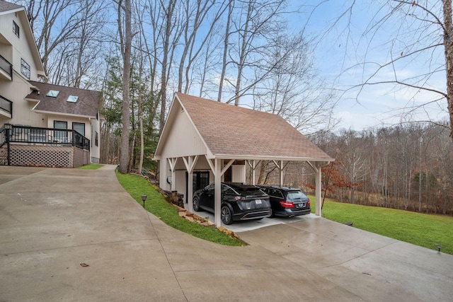 view of parking / parking lot with a carport and a lawn